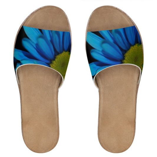 Blue Daisy Leather Sliders