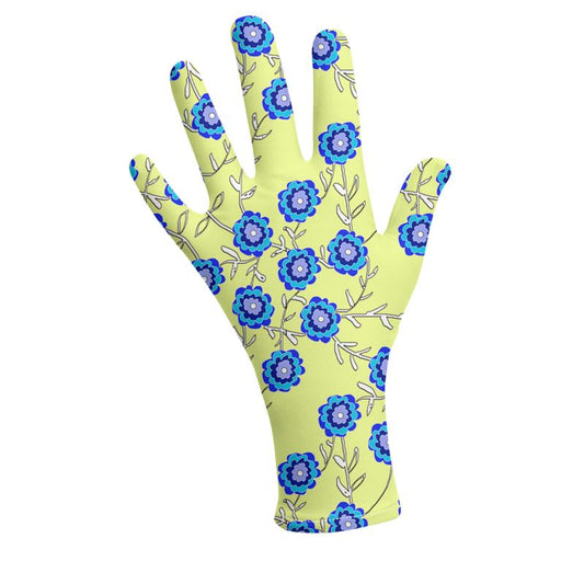 Blue Flowers On Yellow Gloves