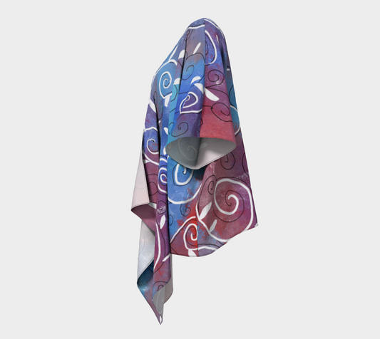 White Swirls on red and Blue Draped Kimono