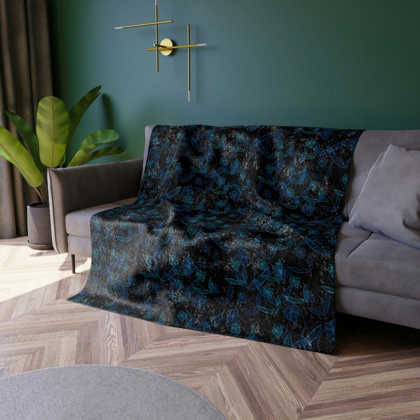 Blue Lillies On Black Crushed Velvet Blanket