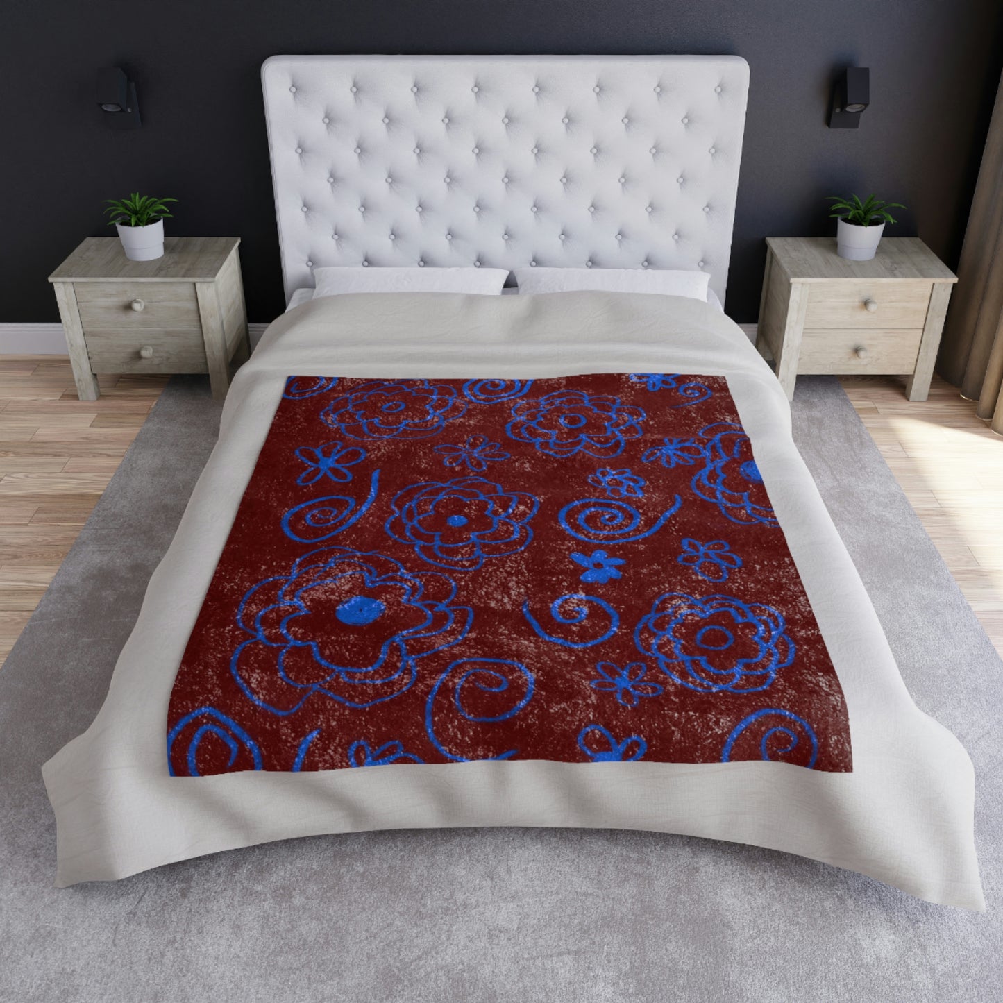 Blue Flower Drawing Crushed Velvet Blanket