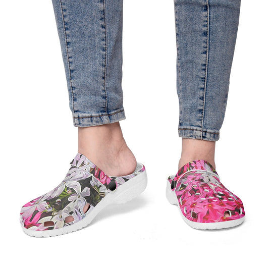 Pink and White Phlox 413. All Over Printed Clogs