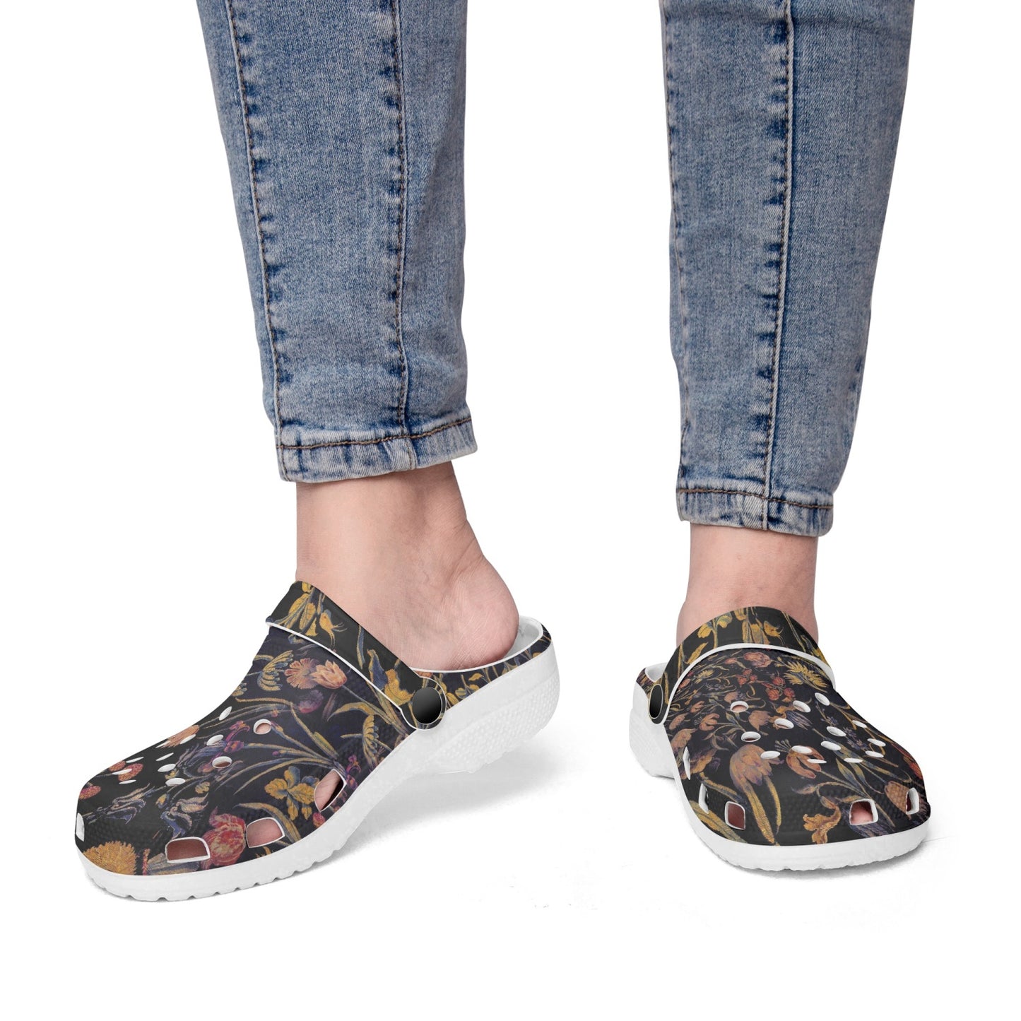 Medieval Flowers On Black 413. All Over Printed Clogs