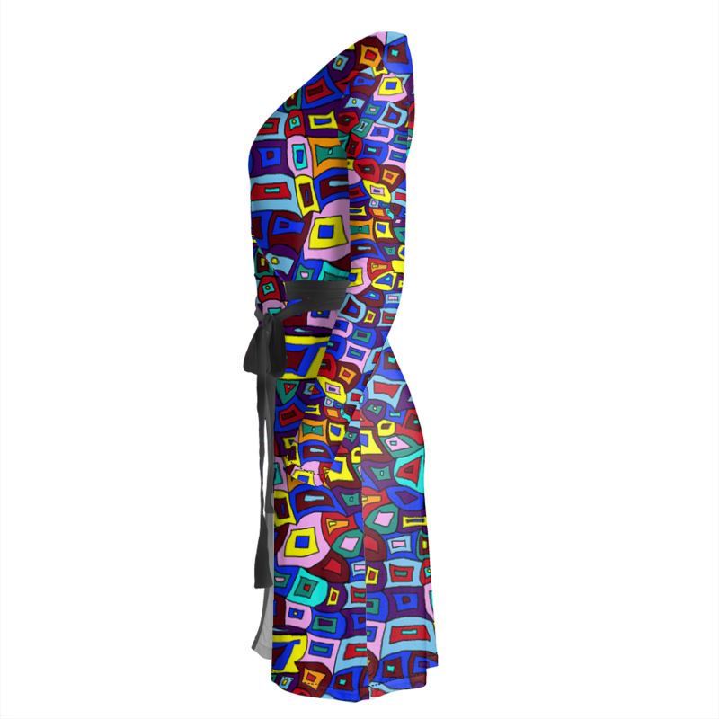 Wavy Squares Pattern Wrap Dress