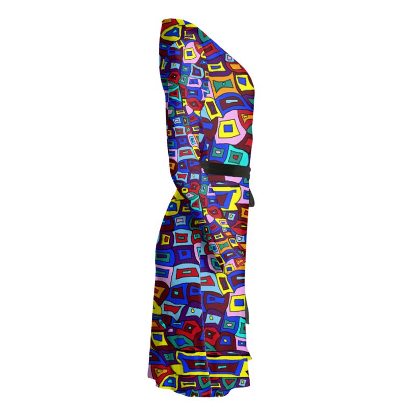 Wavy Squares Pattern Wrap Dress