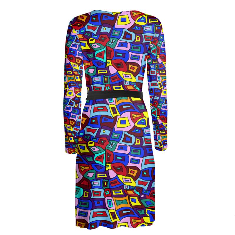 Wavy Squares Pattern Wrap Dress