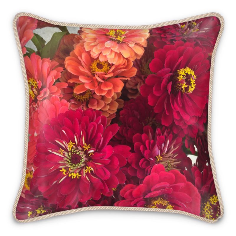 Peach and Pink Zinnias Silk Cushion