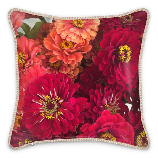 Peach and Pink Zinnias Silk Cushion