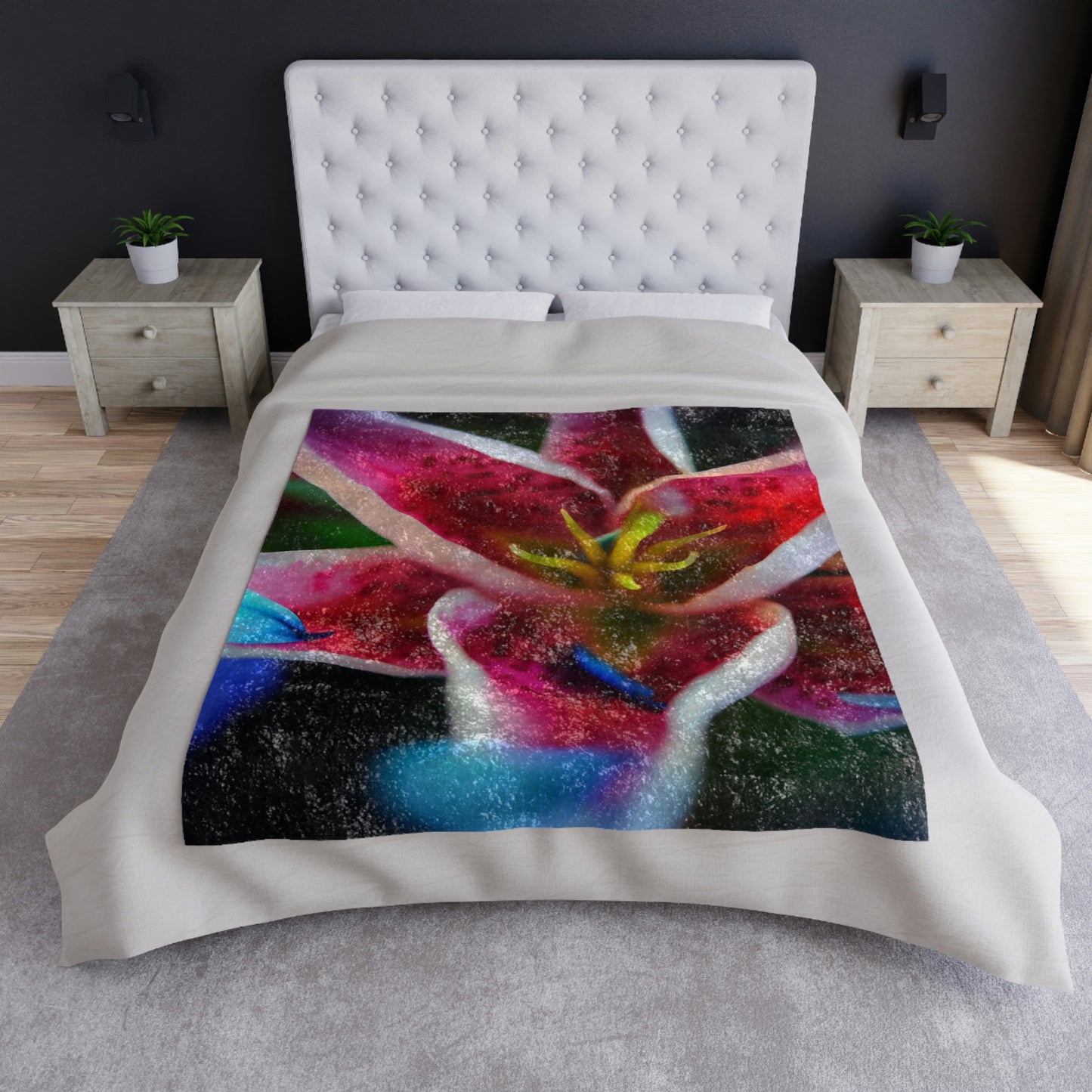 Blue Petals On a Pink and White Lily Crushed Velvet Blanket