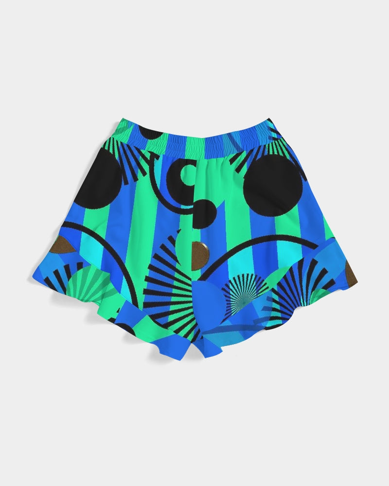 Blue Green Stripes and Dots Women's Ruffle Shorts