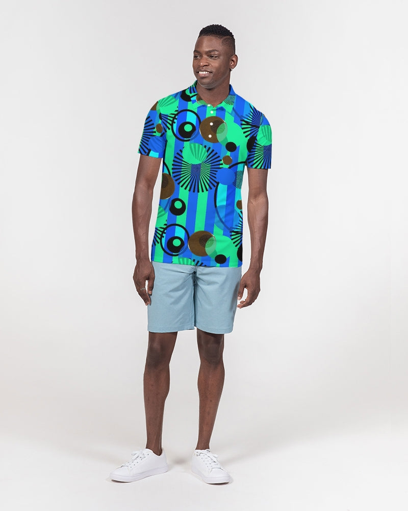 Blue Green Stripes and Dots Men's Slim Fit Short Sleeve Polo