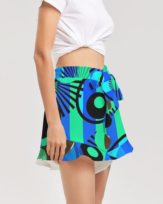 Blue Green Stripes and Dots Women's Ruffle Shorts