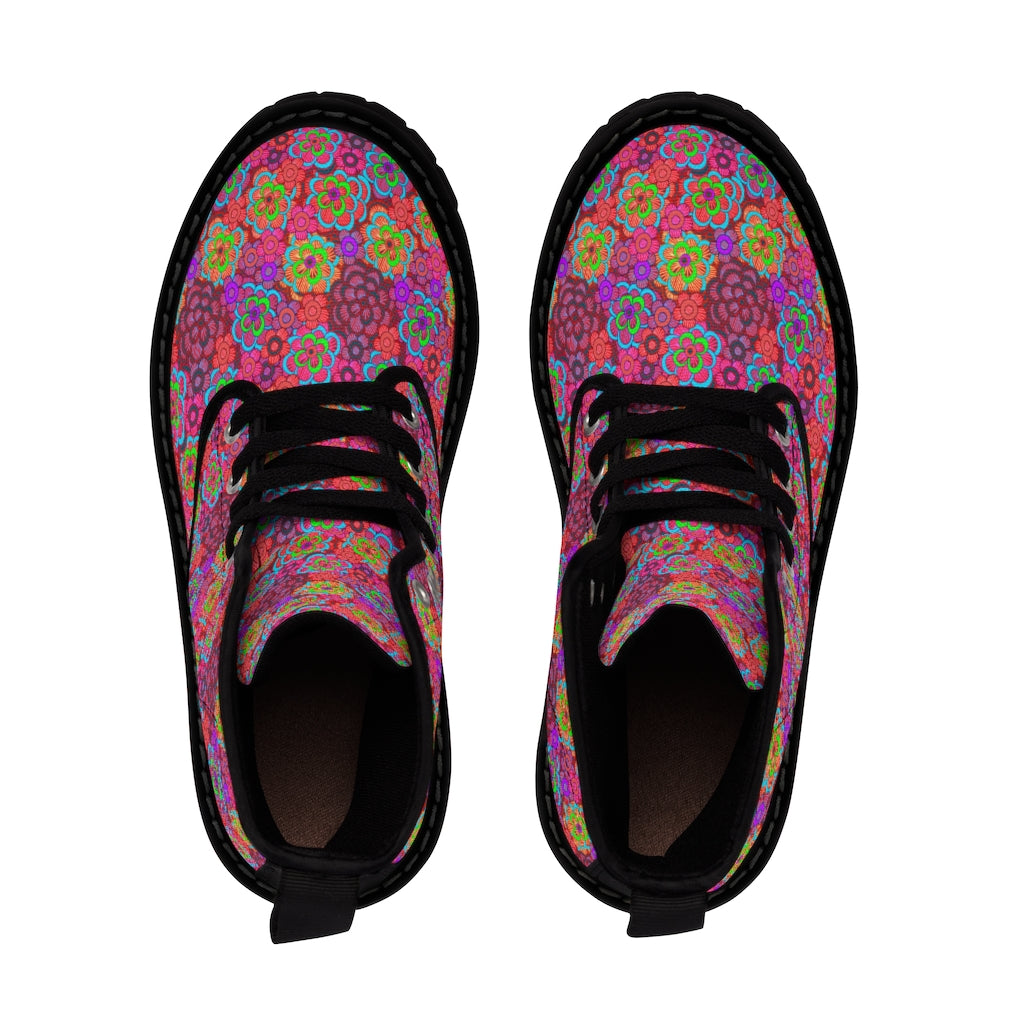 Pink Retro Flowers Women's Canvas Boots