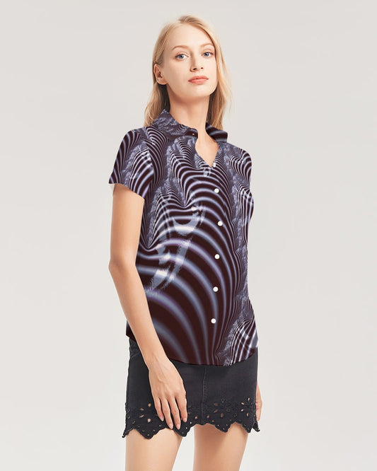 Black and White Spiral Fractal Women's Short Sleeve Button Up