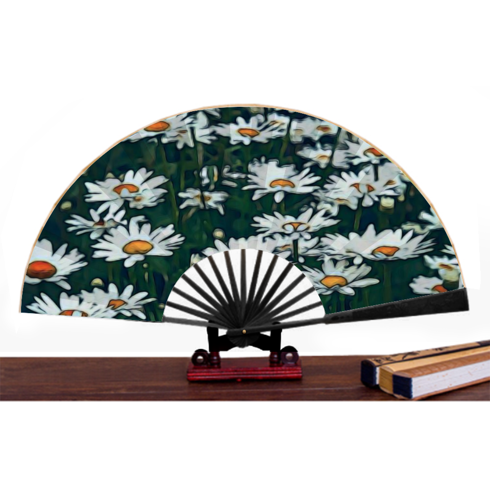 White Daisy Field Double-side Custom Spun Silk Fan Retro Hand-held Folding Fan