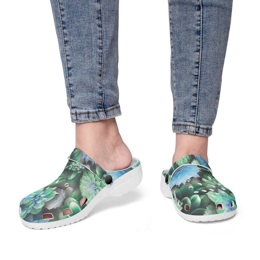 Blue Green Dahlias 413. All Over Printed Clogs