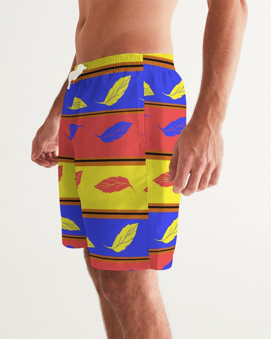 Red Yellow and Blue Leaf Stripes Men's Swim Trunk