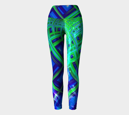 Green Blue Square Fractal Yoga Leggings