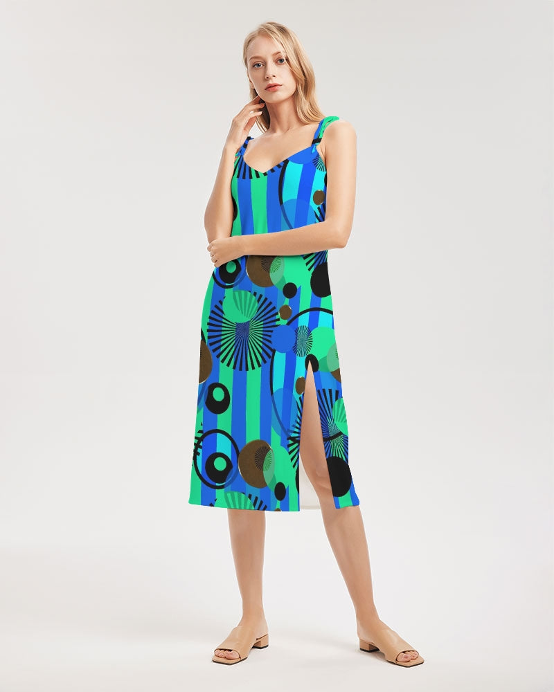 Blue Green Stripes and Dots Women's Tie Strap Split Dress