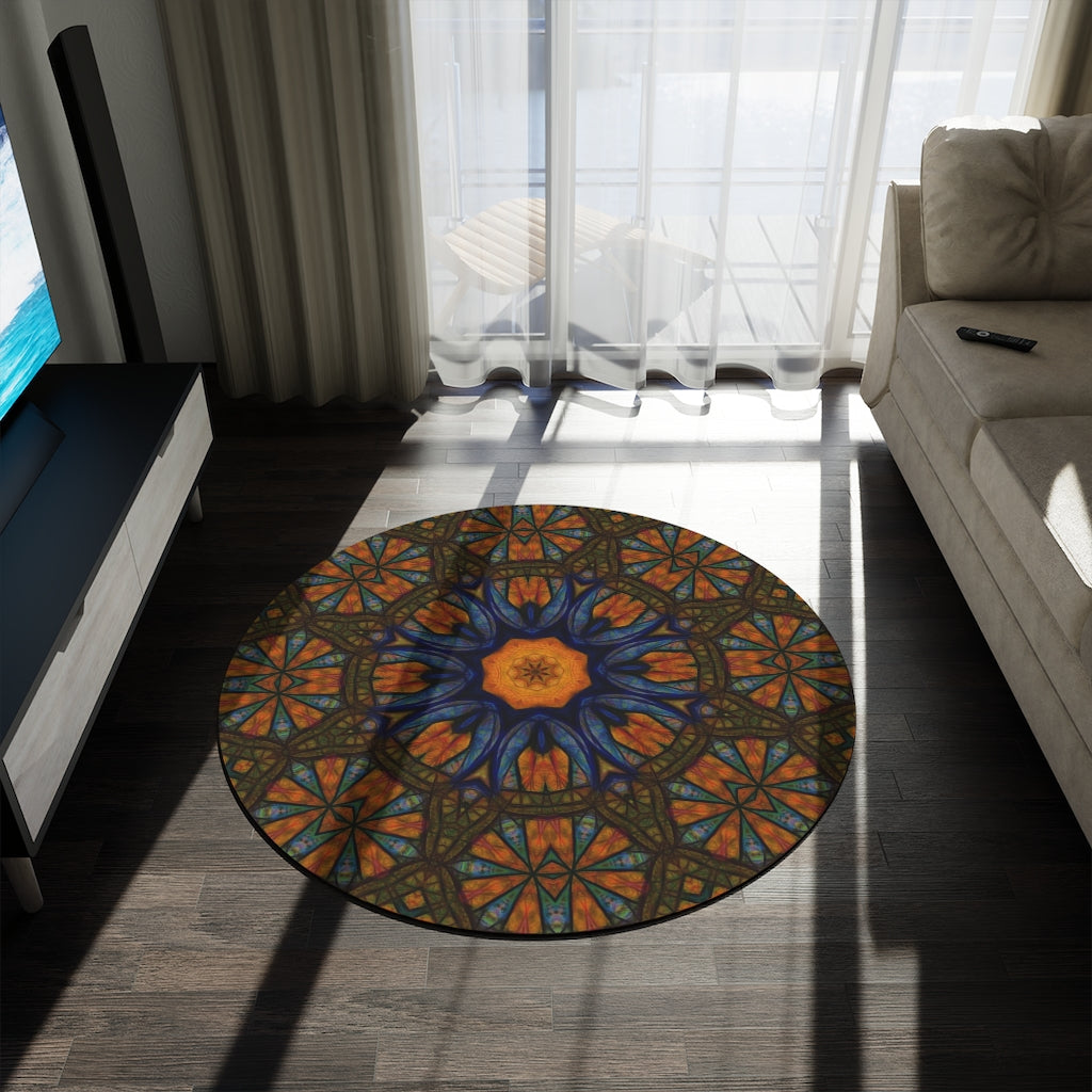 Blue Orange Sketchy Kaleidoscope Round Rug