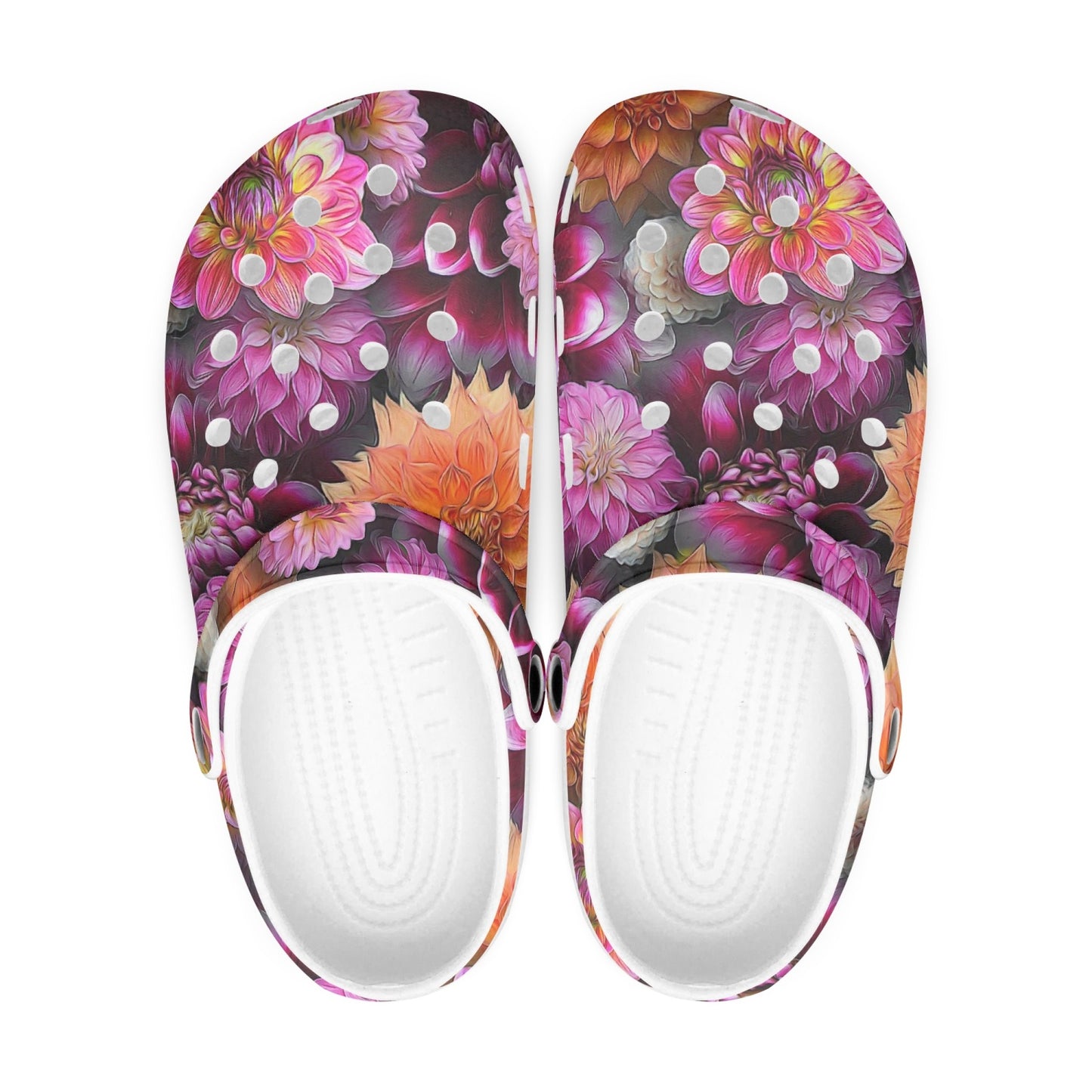 Pink and Orange Dahlias 413. All Over Printed Clogs