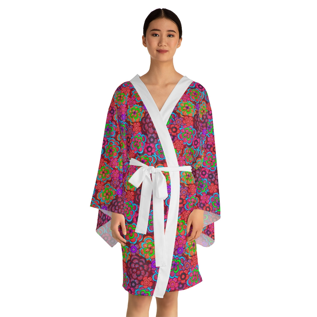 Pink Striped Flower Pattern Long Sleeve Kimono Robe