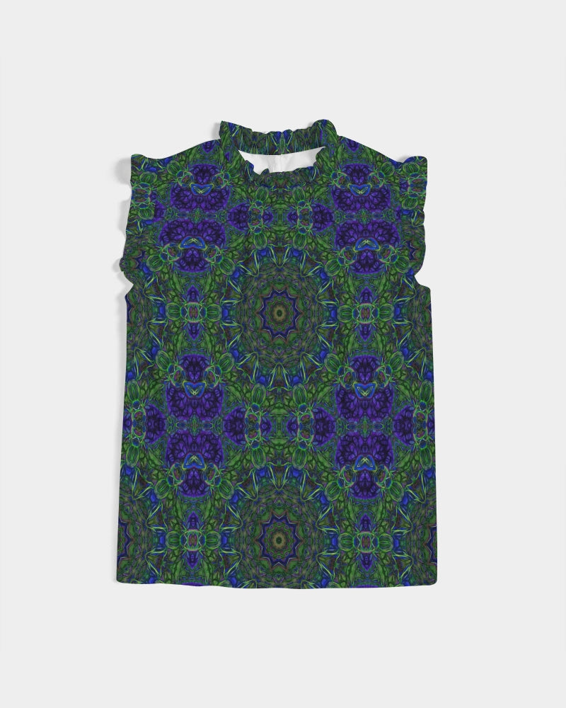 blue Green Ribbon Kaleidoscope Women's Ruffle Sleeve Top