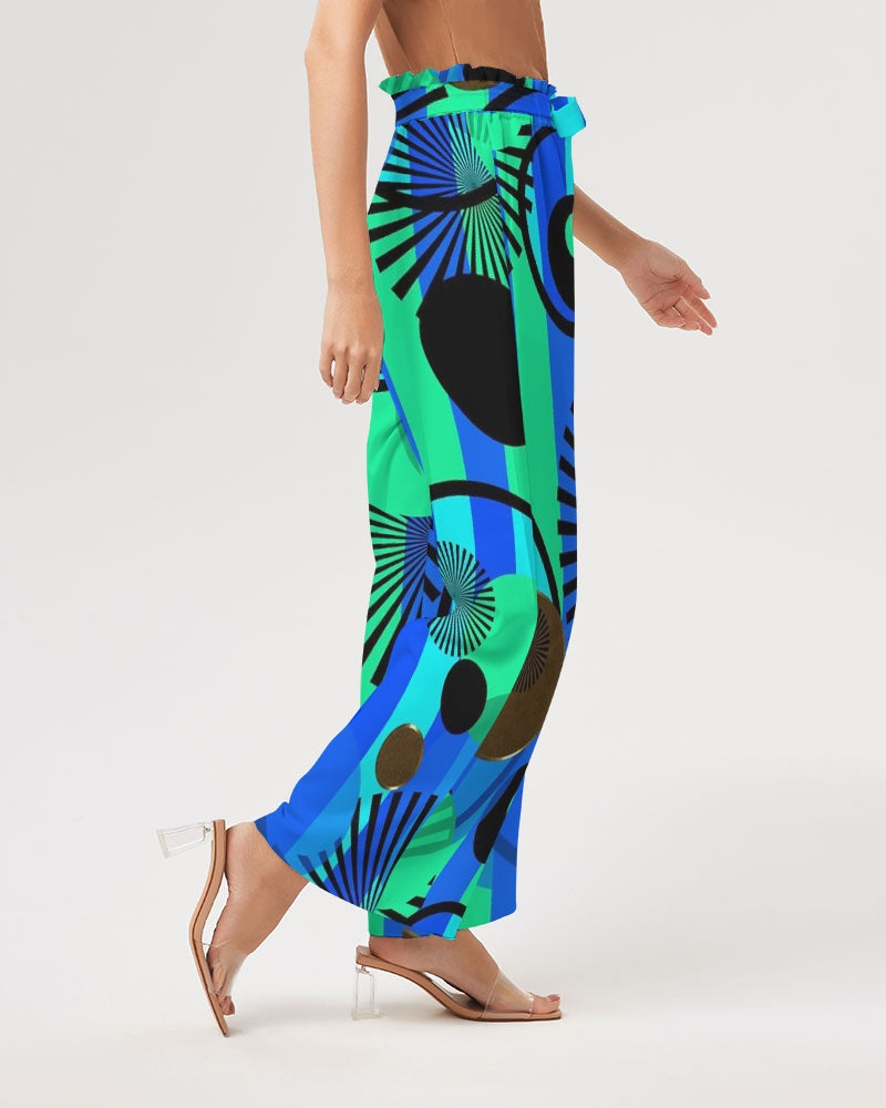 Blue Green Stripes and Dots Women's High-Rise Wide Leg Pants