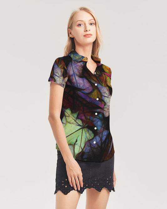 Fall Leaves Abstract Women's Short Sleeve Button Up
