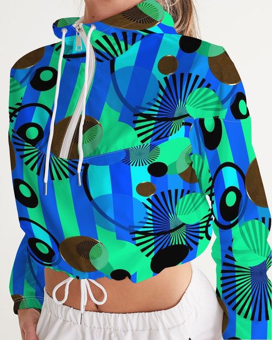 Blue Green Stripes and Dots Women's Cropped Windbreaker