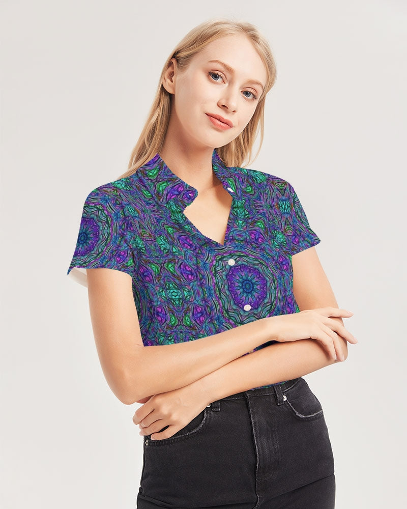 Blue Green Purple Kaleidoscope Women's Short Sleeve Button Up