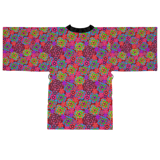 Pink Striped Flower Pattern Long Sleeve Kimono Robe