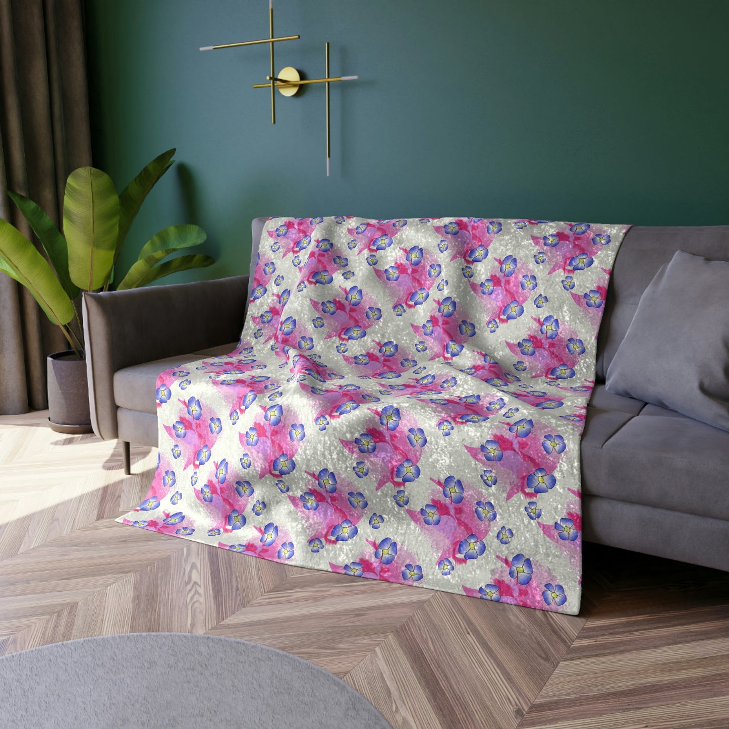 Blue Flowers On Pink Crushed Velvet Blanket