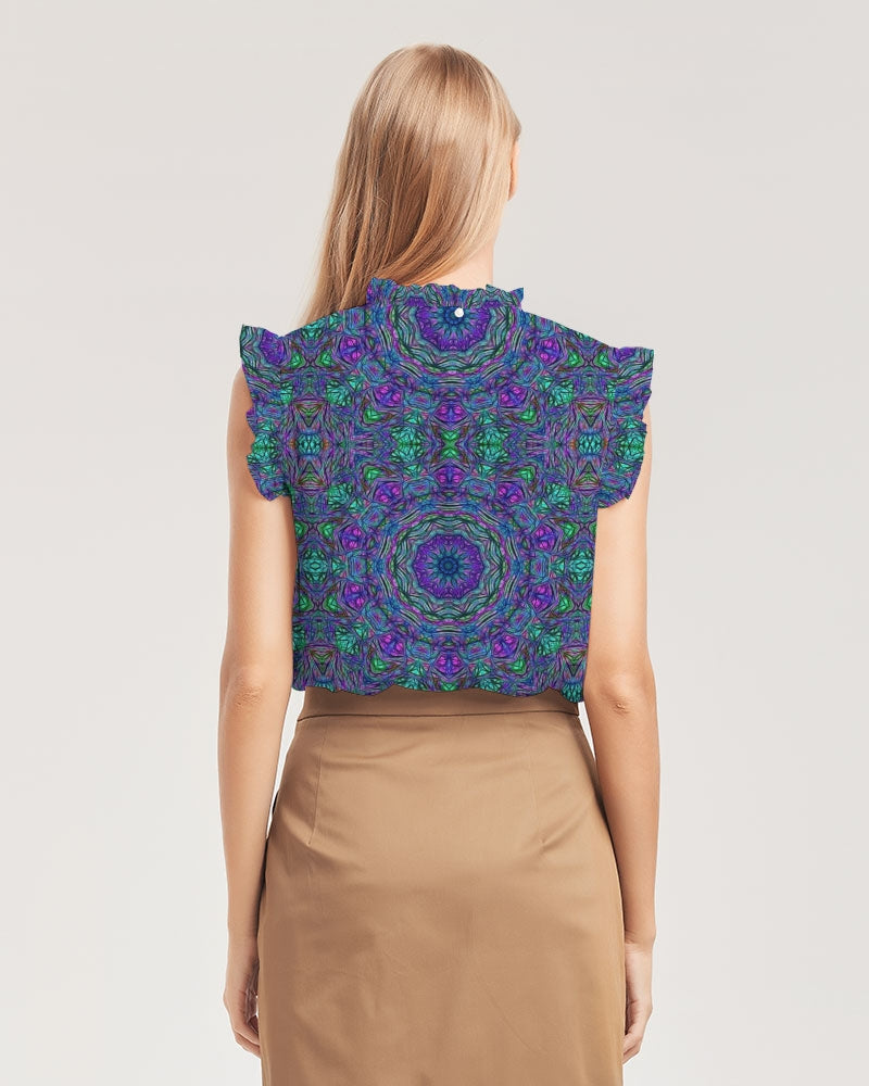 Blue Green Purple Kaleidoscope Women's Ruffle Sleeve Top