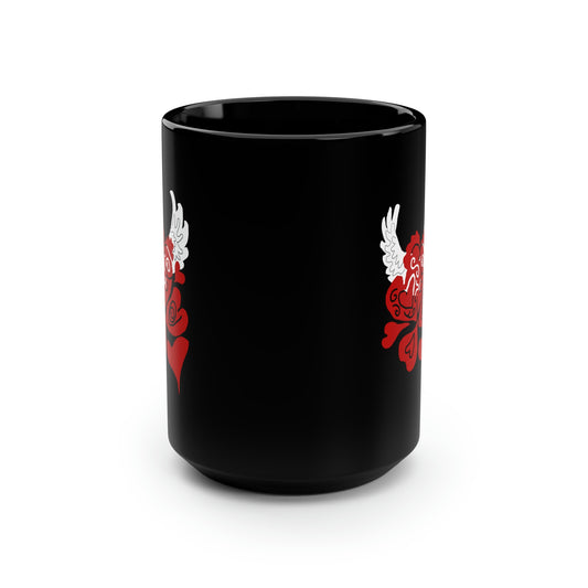 Hearts and Wings Black Mug, 15oz