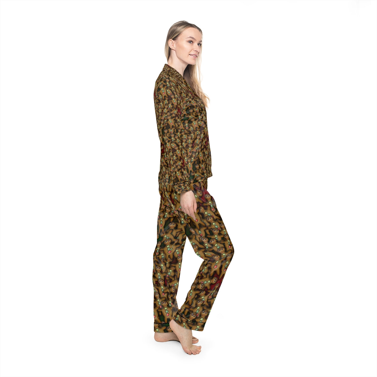 Gingerbread Cookie Pattern Women's Satin Pajamas (AOP)