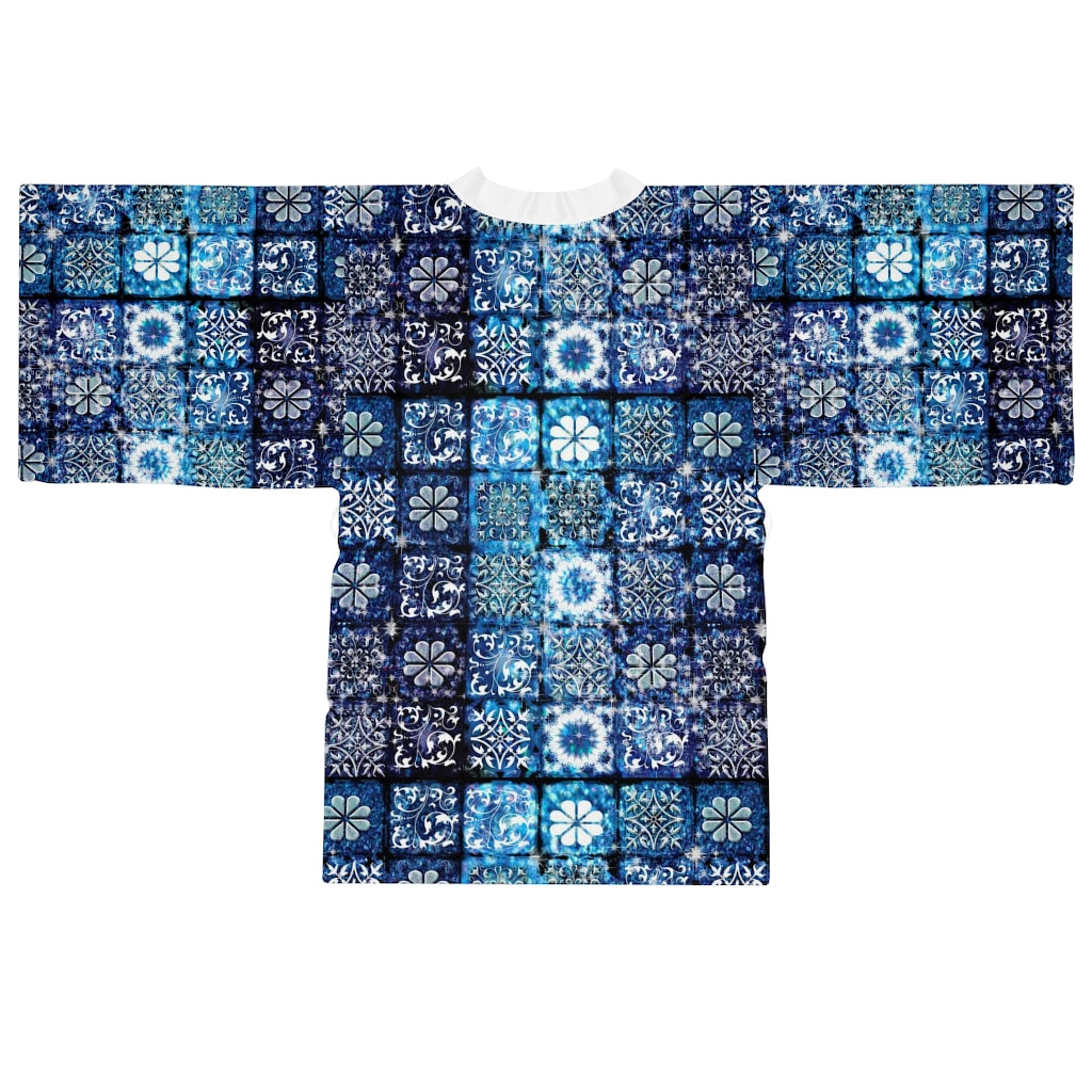 Blue Ice Crystals Motif Long Sleeve Kimono Robe