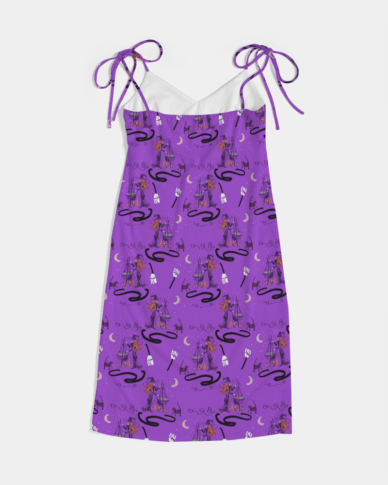 Witch Cat Cauldron Pattern Women's Tie Strap Split Dress