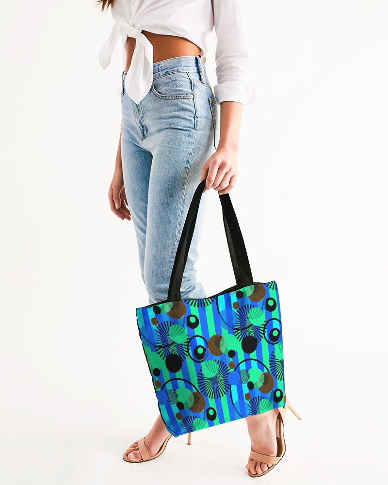 Blue Green Stripes and Dots Canvas Zip Tote