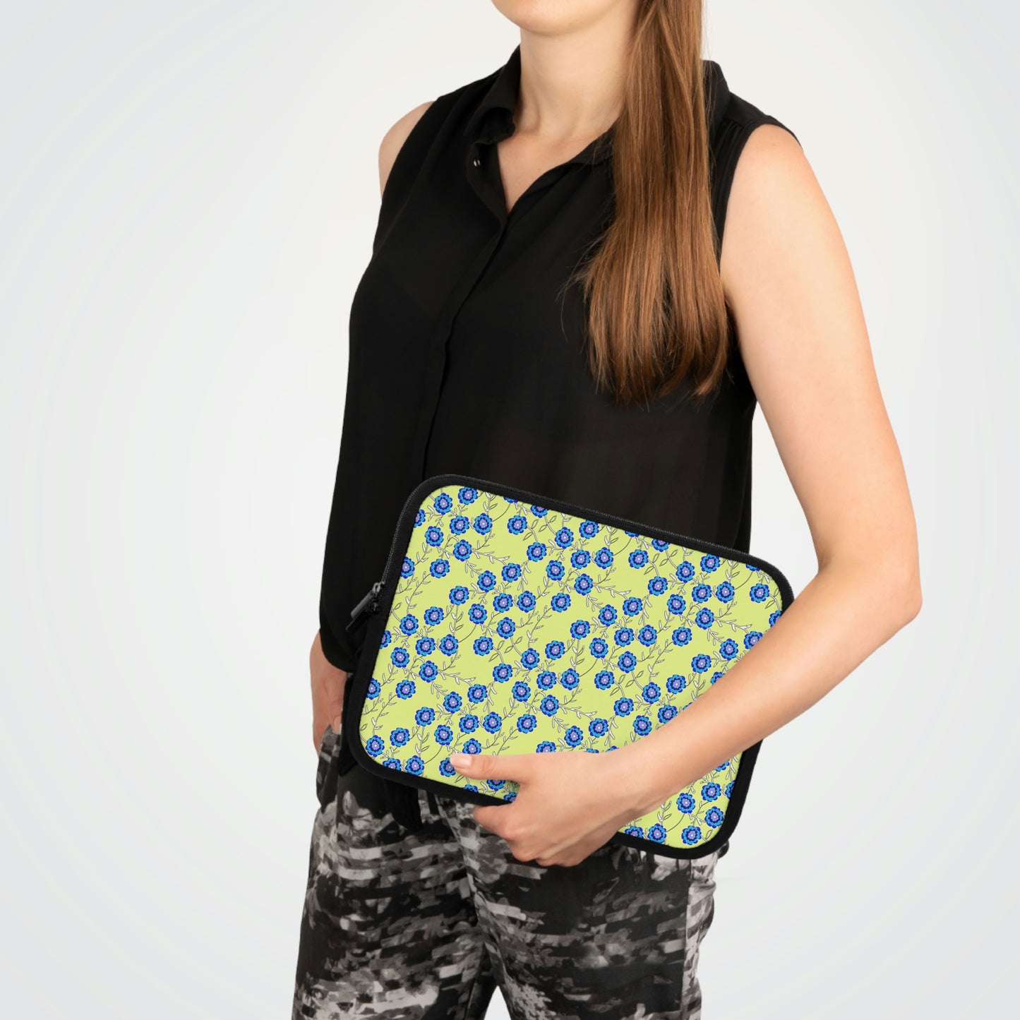 Blue Flowers On Yellow Laptop Sleeve