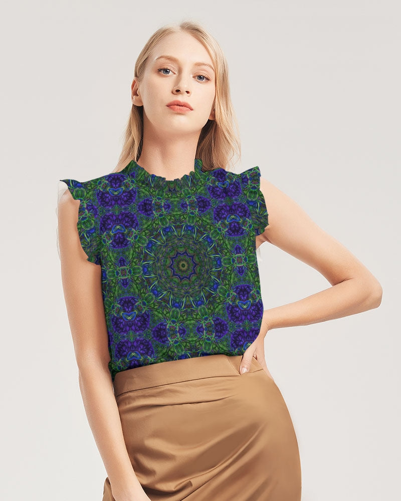 blue Green Ribbon Kaleidoscope Women's Ruffle Sleeve Top