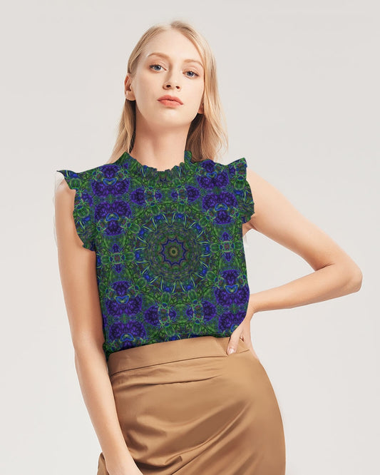 blue Green Ribbon Kaleidoscope Women's Ruffle Sleeve Top