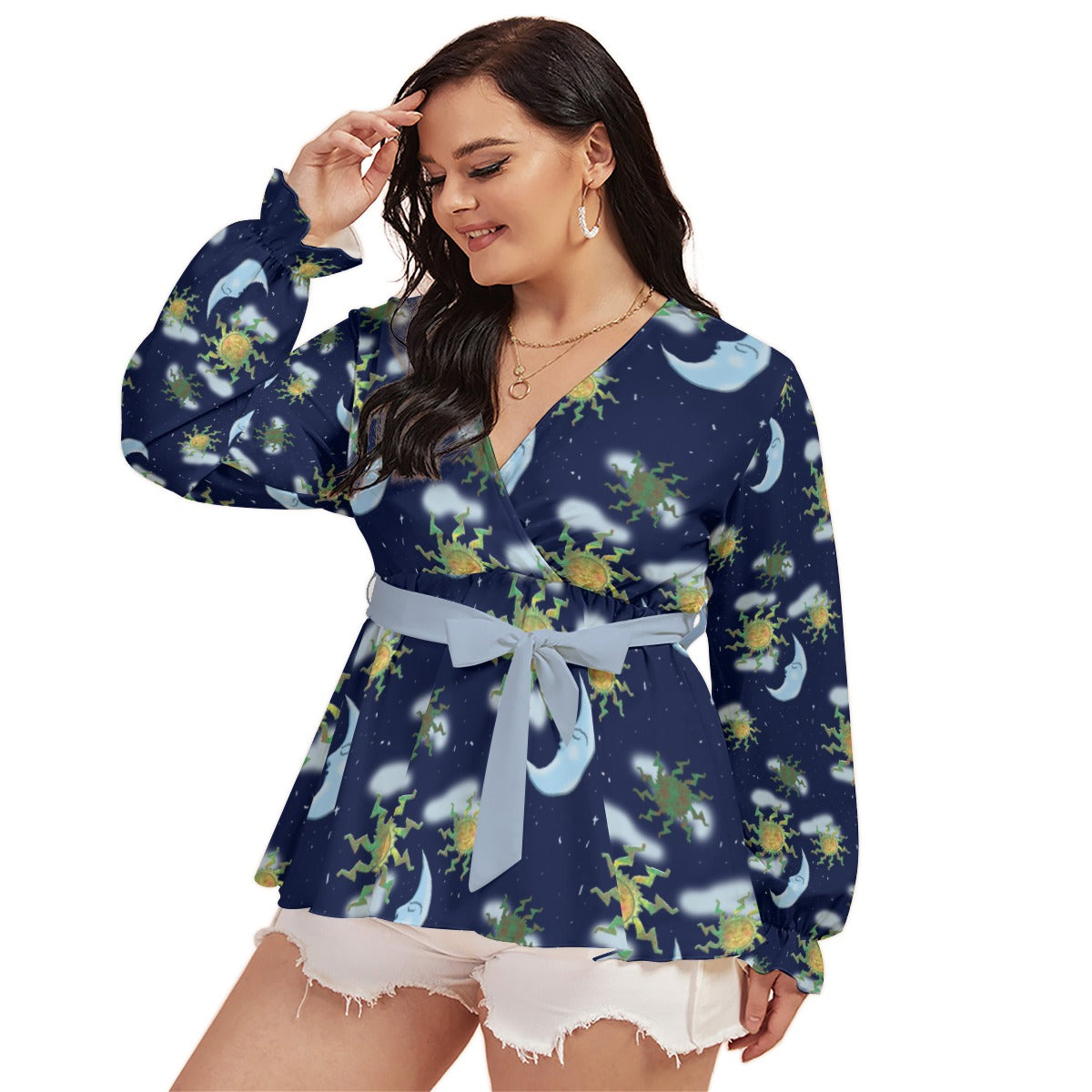 Antique Sun All-Over Print Women's V-neck T-shirt With Waistband (Plus Size)