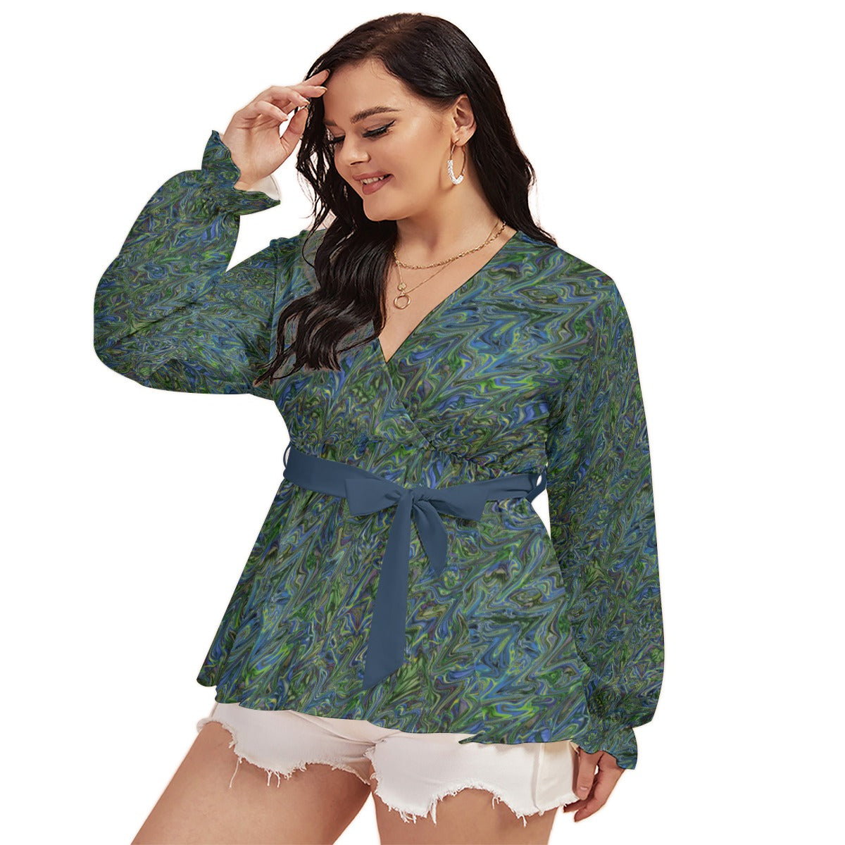 Blue Green liquid Marbling All-Over Print Women's V-neck T-shirt With Waistband (Plus Size)
