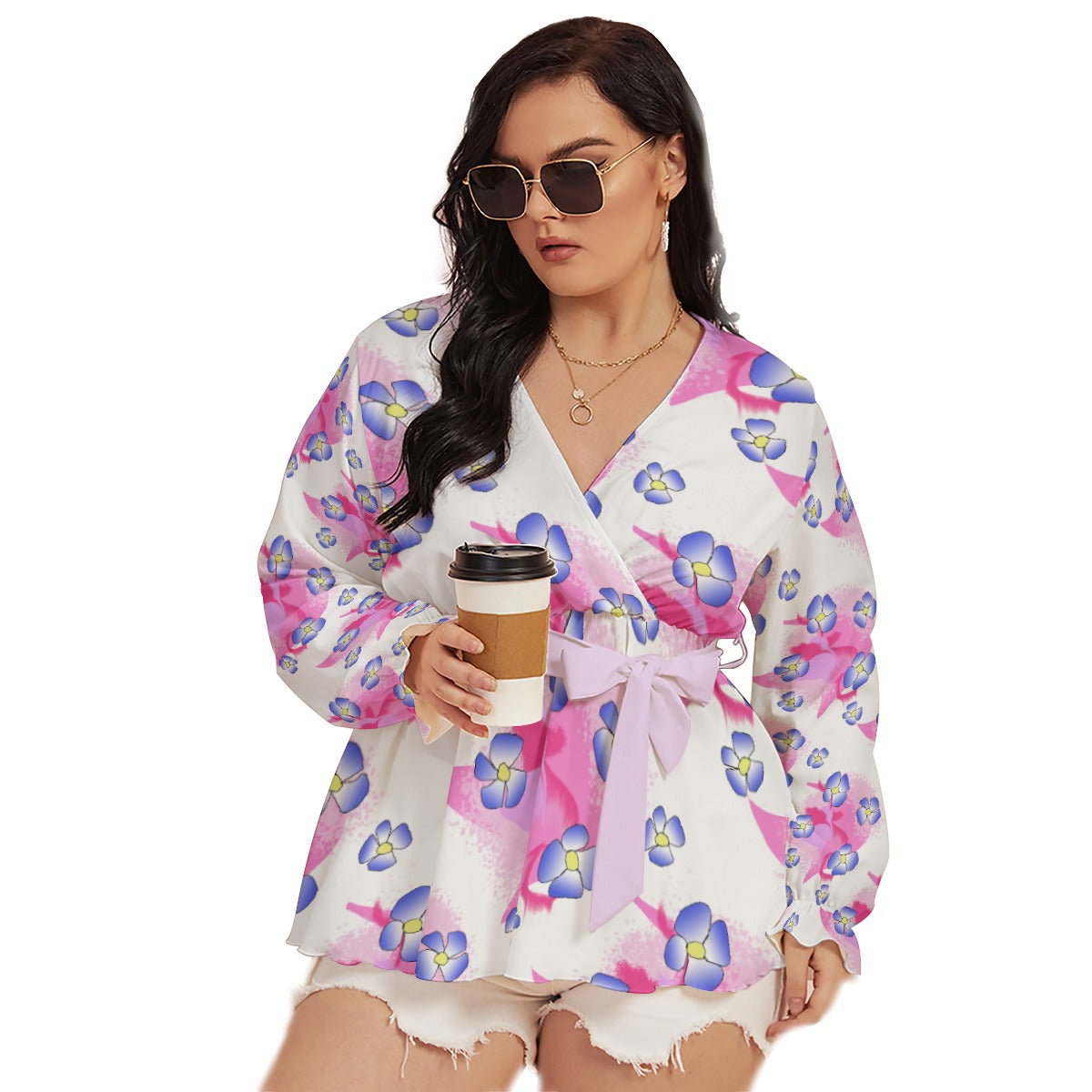 Blue Flowers On Pink All-Over Print Women's V-neck T-shirt With Waistband (Plus Size)