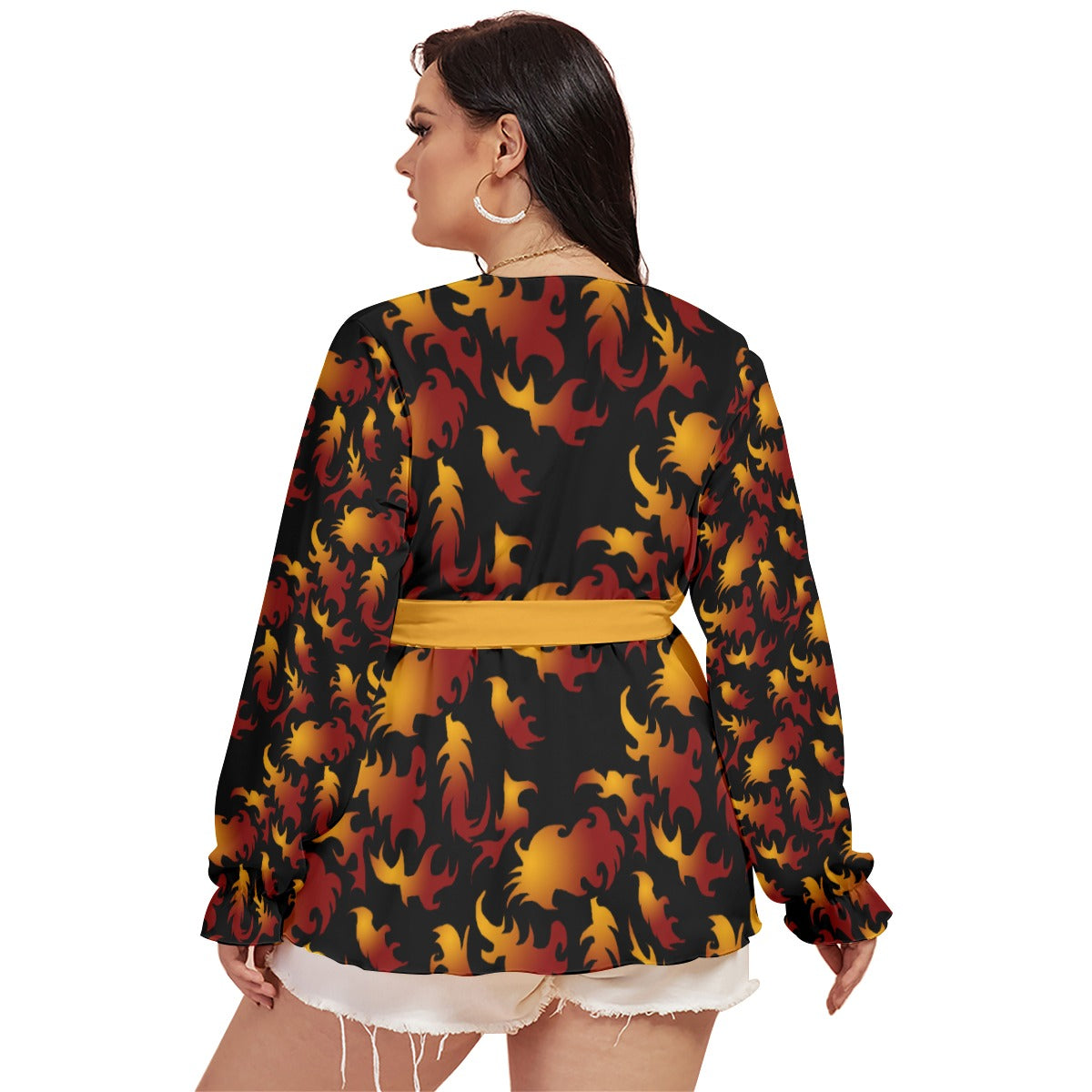 Abstract Flames Pattern All-Over Print Women's V-neck T-shirt With Waistband (Plus Size)