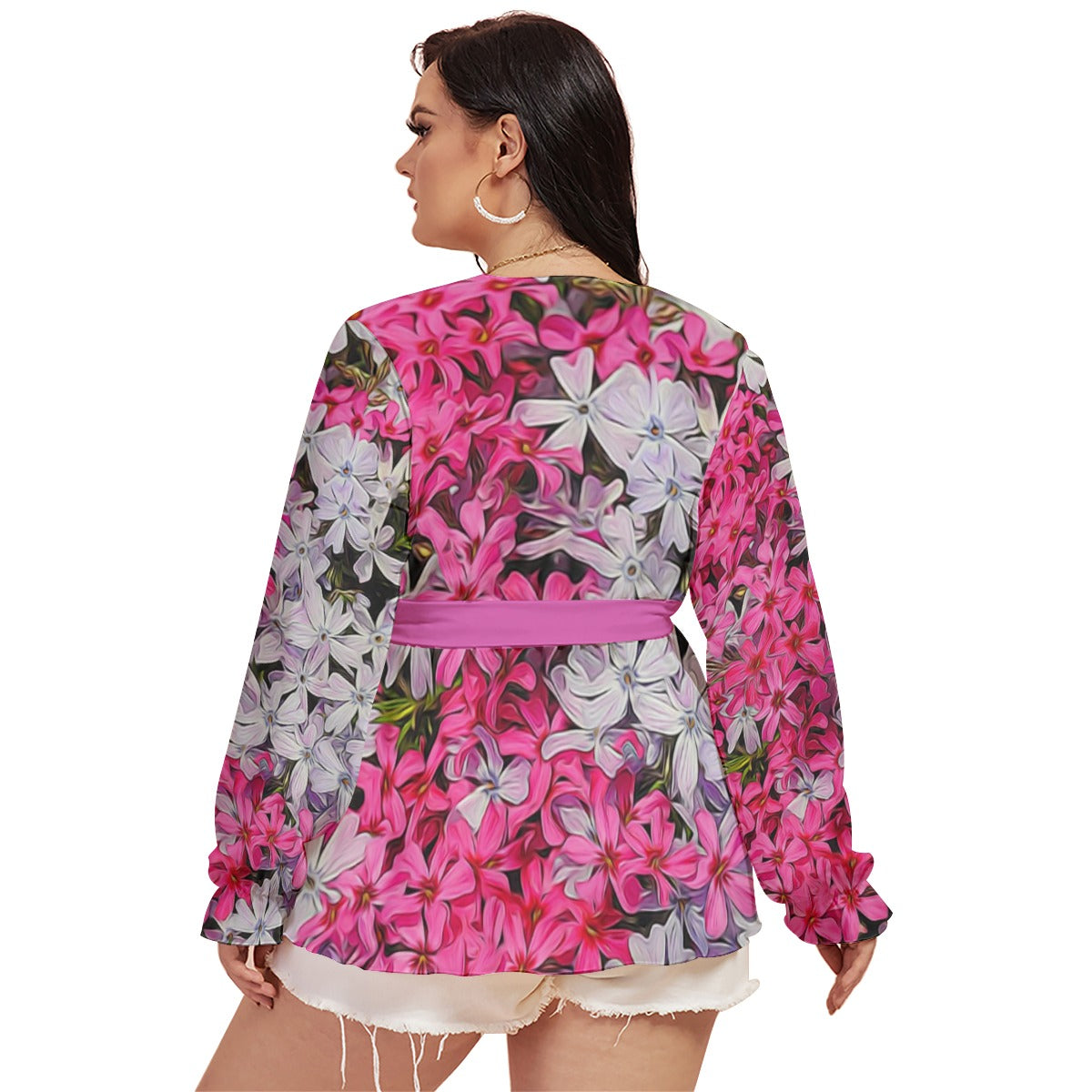 Pink and White Phlox All-Over Print Women's V-neck T-shirt With Waistband (Plus Size)