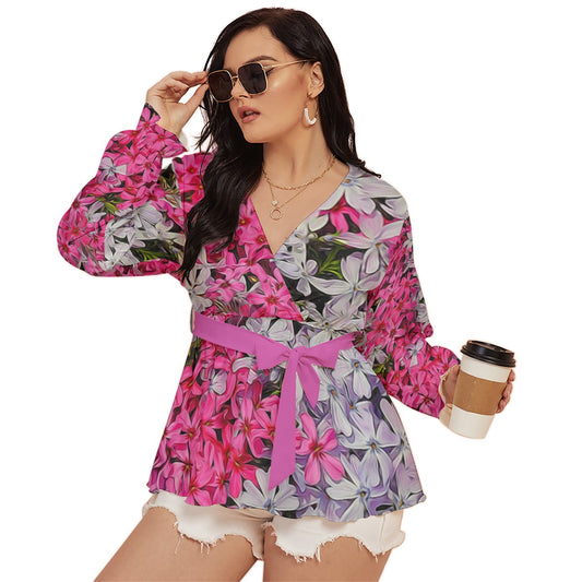 Pink and White Phlox All-Over Print Women's V-neck T-shirt With Waistband (Plus Size)