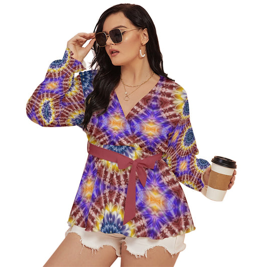 Rainbow Flower Kaleidoscope All-Over Print Women's V-neck T-shirt With Waistband (Plus Size)