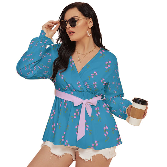 Pink Flower Branches All-Over Print Women's V-neck T-shirt With Waistband (Plus Size)